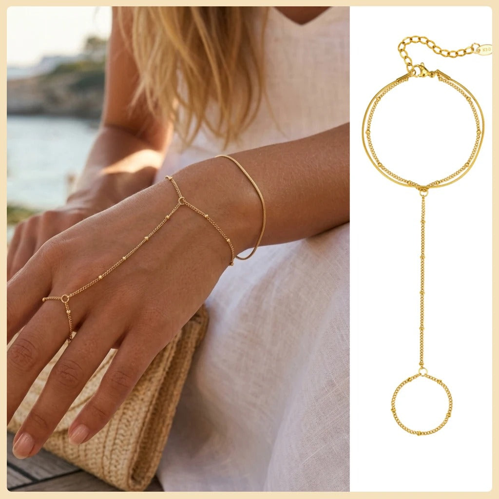 Gold Hand Chain Bracelet Ring for Women – Adjustable Double Layer Jewelry