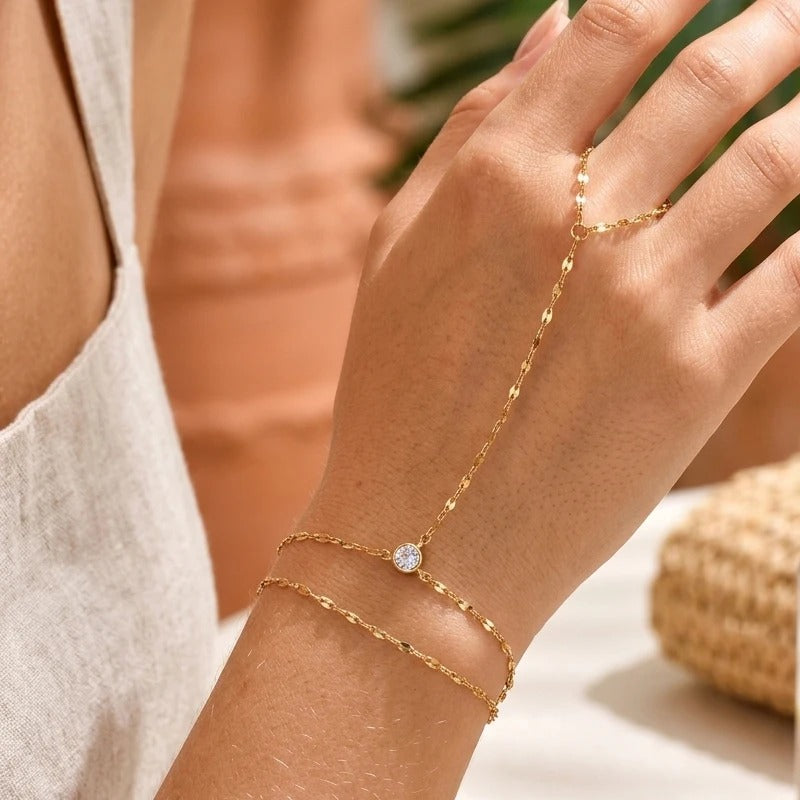 Gold Hand Chain Bracelet Ring for Women – Adjustable Double Layer Jewelry