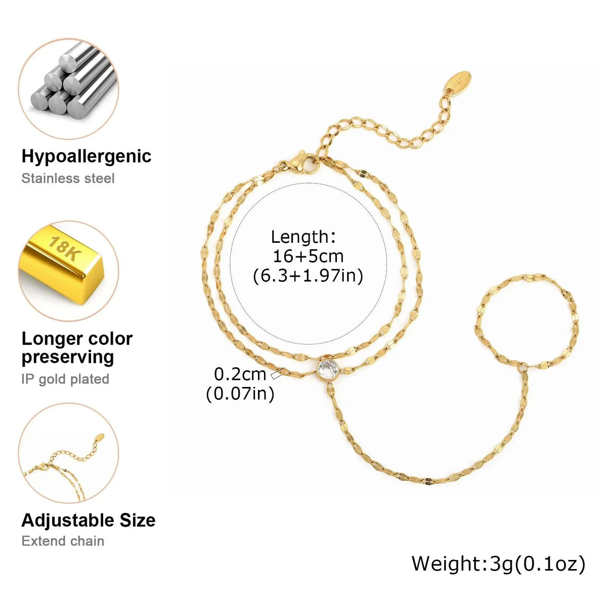 Gold Hand Chain Bracelet Ring for Women – Adjustable Double Layer Jewelry