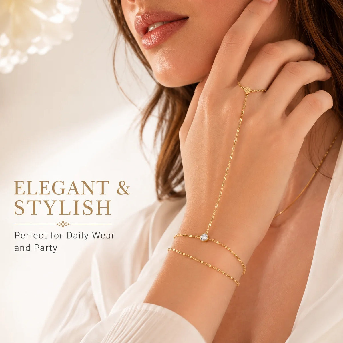 Gold Hand Chain Bracelet Ring for Women – Adjustable Double Layer Jewelry