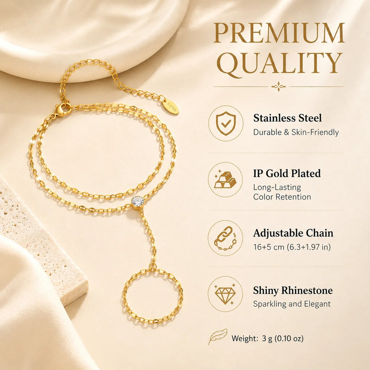 Gold Hand Chain Bracelet Ring for Women – Adjustable Double Layer Jewelry