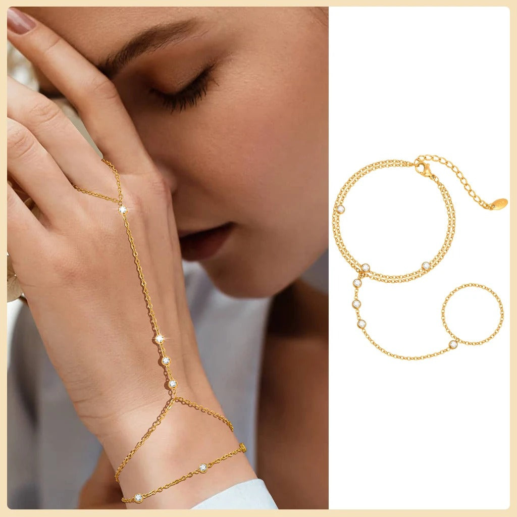 Gold Hand Chain Bracelet Ring for Women – Adjustable Double Layer Jewelry