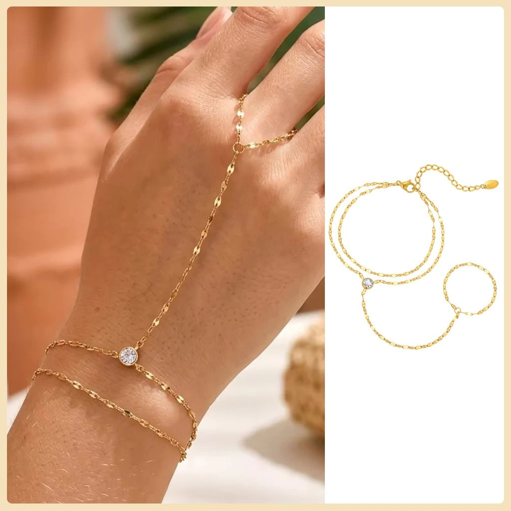 Gold Hand Chain Bracelet Ring for Women – Adjustable Double Layer Jewelry
